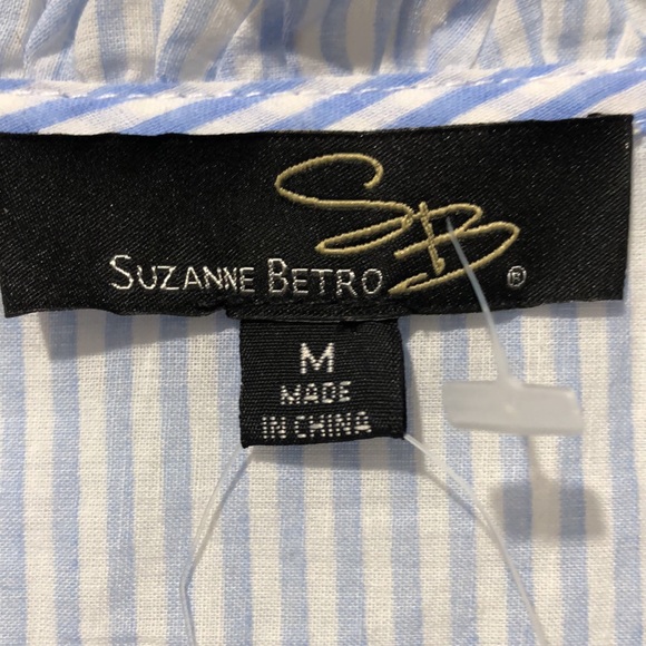 Suzanne Betro Blouse M Stripped Cotton 3/4 Sleeve Embroidered Boho Blue White - Picture 7 of 8